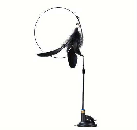 Interactive cat teaser wand toy with feather and bell, perfect for stimulating play and engaging hunting instincts.