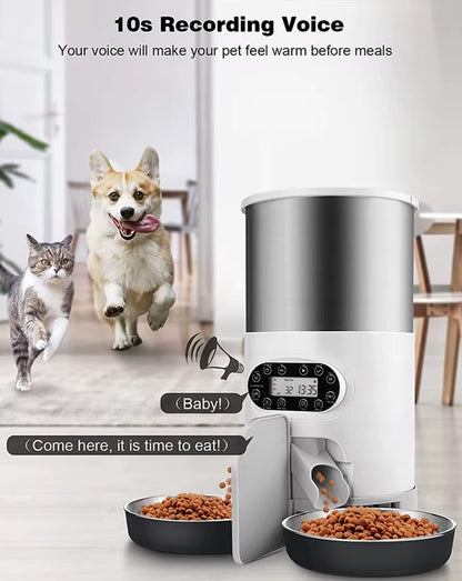 Smart APP pet feeder with automatic dispenser, Tuya remote control, and portion settings for small and medium-sized pets.
