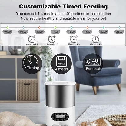 Smart APP pet feeder with automatic dispenser, Tuya remote control, and portion settings for small and medium-sized pets.