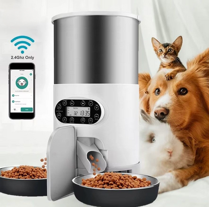 Smart APP pet feeder with automatic dispenser, Tuya remote control, and portion settings for small and medium-sized pets.