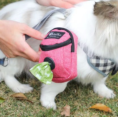 Multifunctional dog training pouch with treat storage and built-in poop bag dispenser, ideal for walking and outdoor training.