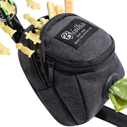 Multifunctional dog training pouch with treat storage and built-in poop bag dispenser, ideal for walking and outdoor training.