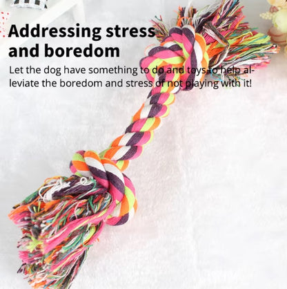 Durable cotton rope dog toy with knot design for small dogs and puppies, promotes dental health and safe chewing.