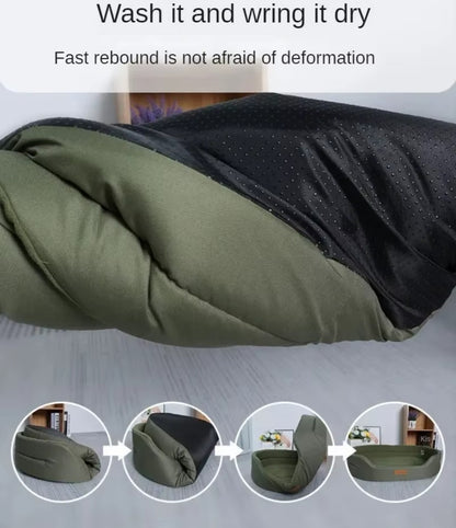 Fluffy sofa-style dog bed for small and large dogs, featuring ultra-soft materials, raised edges, and non-slip bottom for cozy all-season comfort.