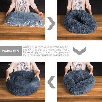 Ultra-soft round plush pet bed for cats and dogs, winter-ready with long plush fabric and non-slip base, available in sizes from 40cm to 90cm.