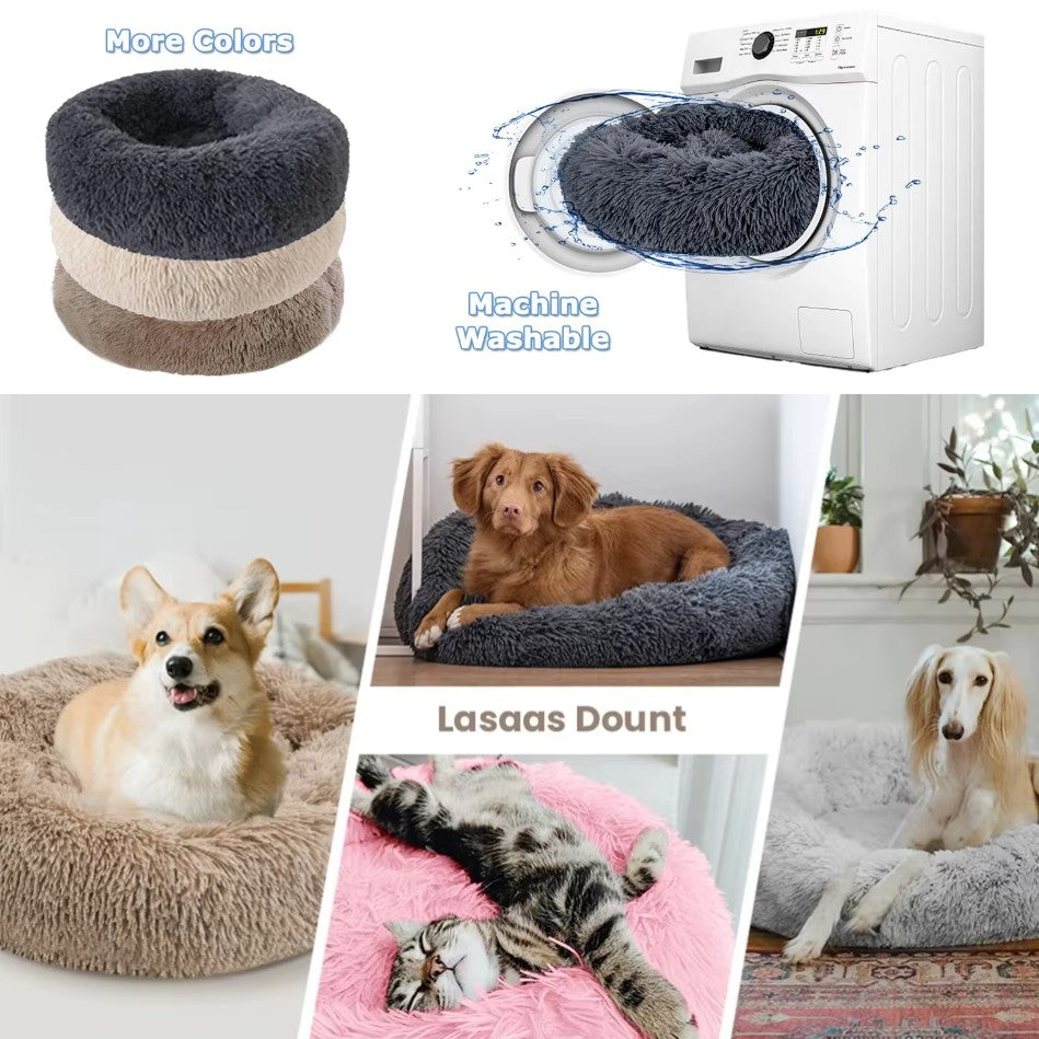 Ultra-soft round plush pet bed for cats and dogs, winter-ready with long plush fabric and non-slip base, available in sizes from 40cm to 90cm.