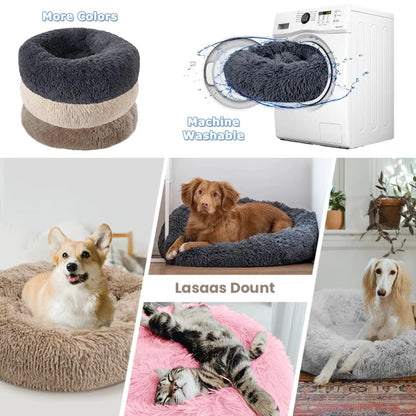 Ultra-soft round plush pet bed for cats and dogs, winter-ready with long plush fabric and non-slip base, available in sizes from 40cm to 90cm.