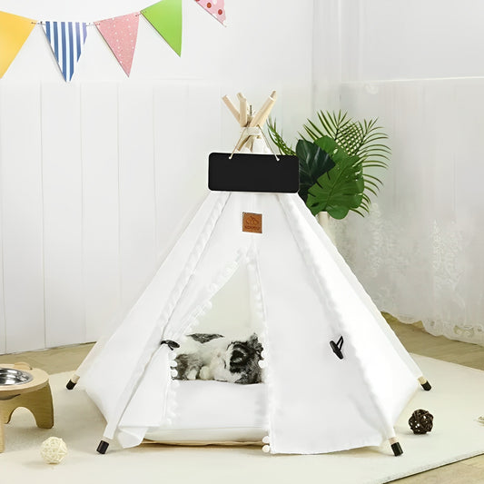 Pet teepee tent for indoor use with cushion, blackboard, and washable cover; cozy retreat for cats and small to medium dogs.