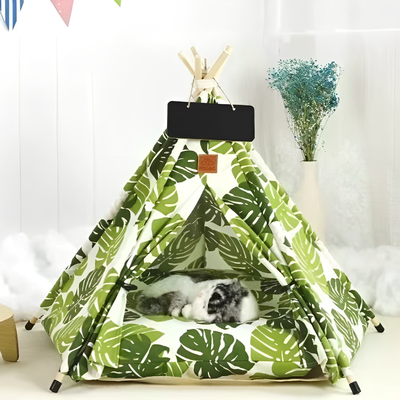 Pet teepee tent for indoor use with cushion, blackboard, and washable cover; cozy retreat for cats and small to medium dogs.