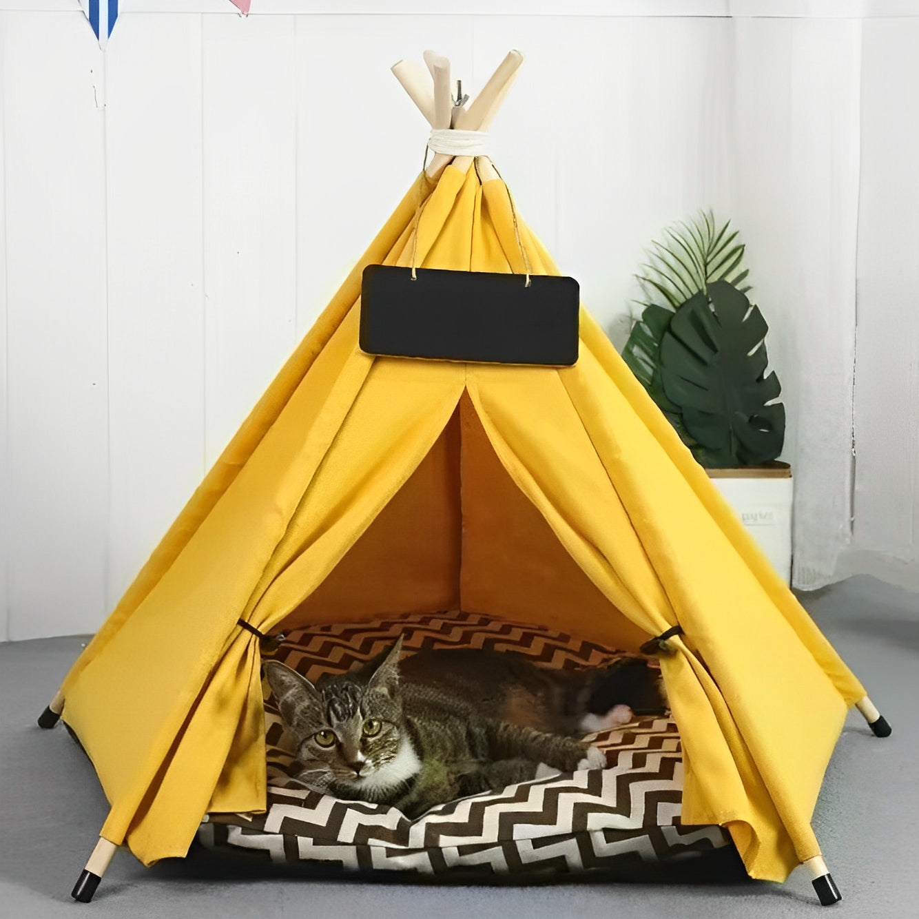Pet teepee tent for indoor use with cushion, blackboard, and washable cover; cozy retreat for cats and small to medium dogs.