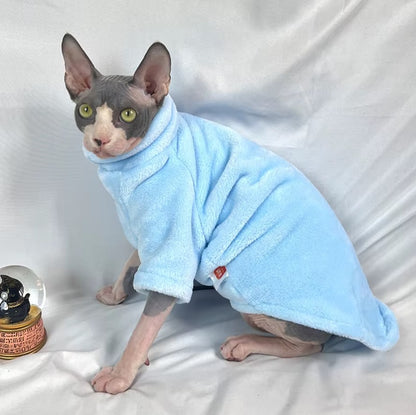 Hairless cat wearing turtleneck fleece winter sweater