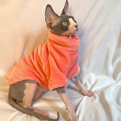 Hairless cat wearing turtleneck fleece winter sweater