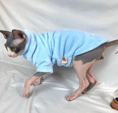 Hairless cat wearing turtleneck fleece winter sweater