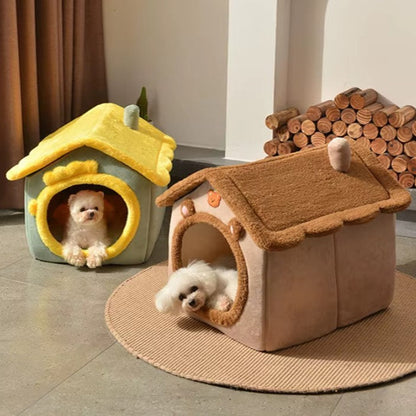 Small dog resting inside a foldable fleece dog kennel bed