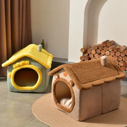 Small dog resting inside a foldable fleece dog kennel bed
