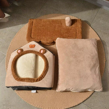 Small dog resting inside a foldable fleece dog kennel bed