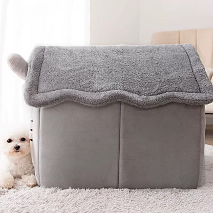 Small dog resting inside a foldable fleece dog kennel bed