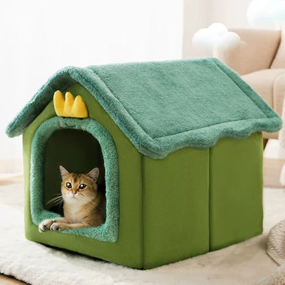 Small dog resting inside a foldable fleece dog kennel bed