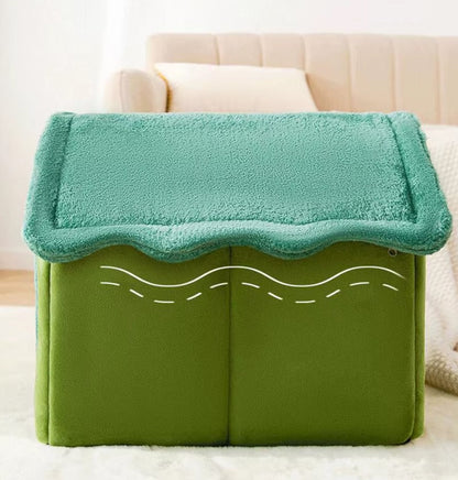 Small dog resting inside a foldable fleece dog kennel bed