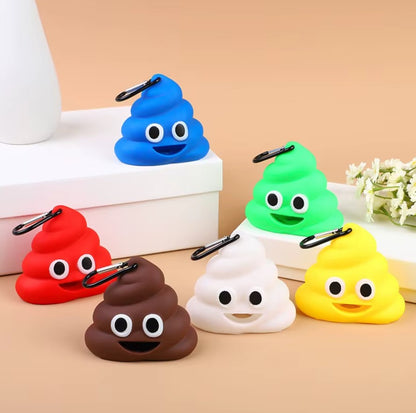 Poop-shaped pet waste bag dispenser clipped to a dog leash