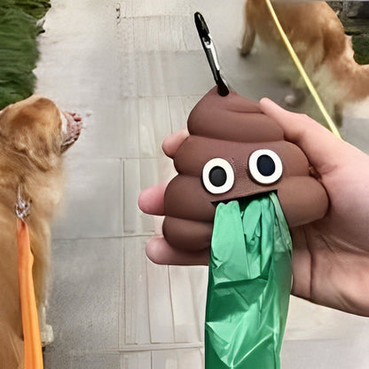 Poop-shaped pet waste bag dispenser clipped to a dog leash