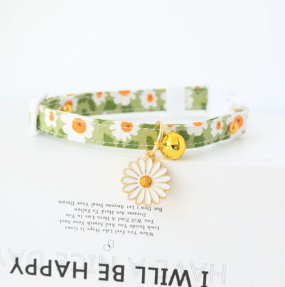 Reflective plaid cat collar with bow and daisy charm for small pets