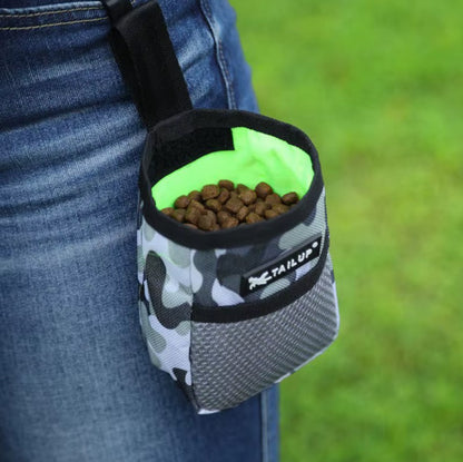 Hands-free dog training treat bag with waist belt and secure clasp for outdoor training