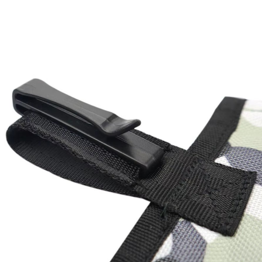 Hands-free dog training treat bag with waist belt and secure clasp for outdoor training