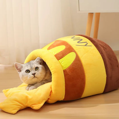 Honey pot-shaped soft plush cat bed with removable cushion for indoor cats