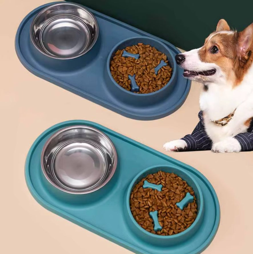 Dog double bowl feeder with non-slip silicone mat for cats and dogs