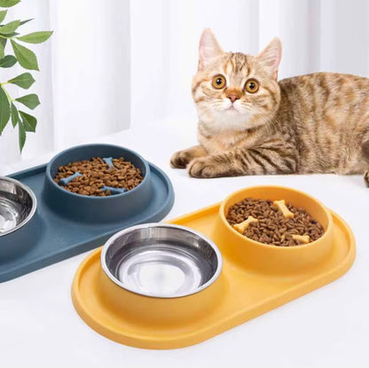 Dog double bowl feeder with non-slip silicone mat for cats and dogs