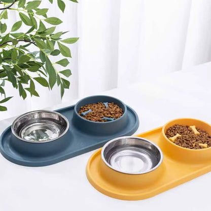 Dog double bowl feeder with non-slip silicone mat for cats and dogs