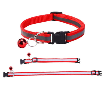 Reflective cat and dog collar with adjustable fit and bell for nighttime safety