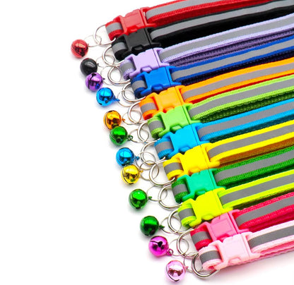 Reflective cat and dog collar with adjustable fit and bell for nighttime safety