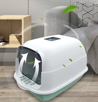 Fully enclosed cat litter box with two-way shovel access for odor control and easy cleaning