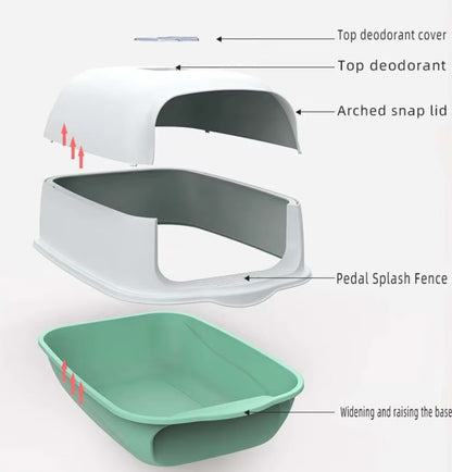 Fully enclosed cat litter box with two-way shovel access for odor control and easy cleaning