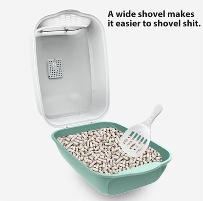 Fully enclosed cat litter box with two-way shovel access for odor control and easy cleaning