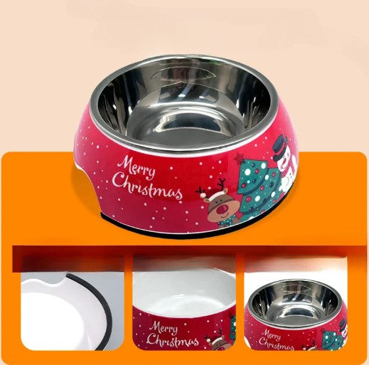 Christmas-themed pet bowl with a double-layer structure, featuring a ceramic outer layer with festive Christmas patterns and an inner stainless steel metal bowl.