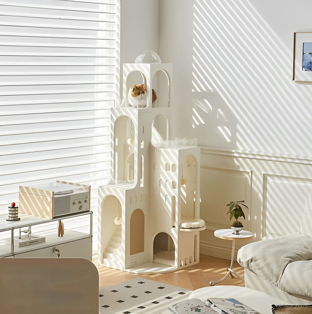 Cat Castle Furniture in Sunny Corner of Home with Relaxed Cat on Top – Luxury Wooden Indoor Cat Tree Tower for Large Cats