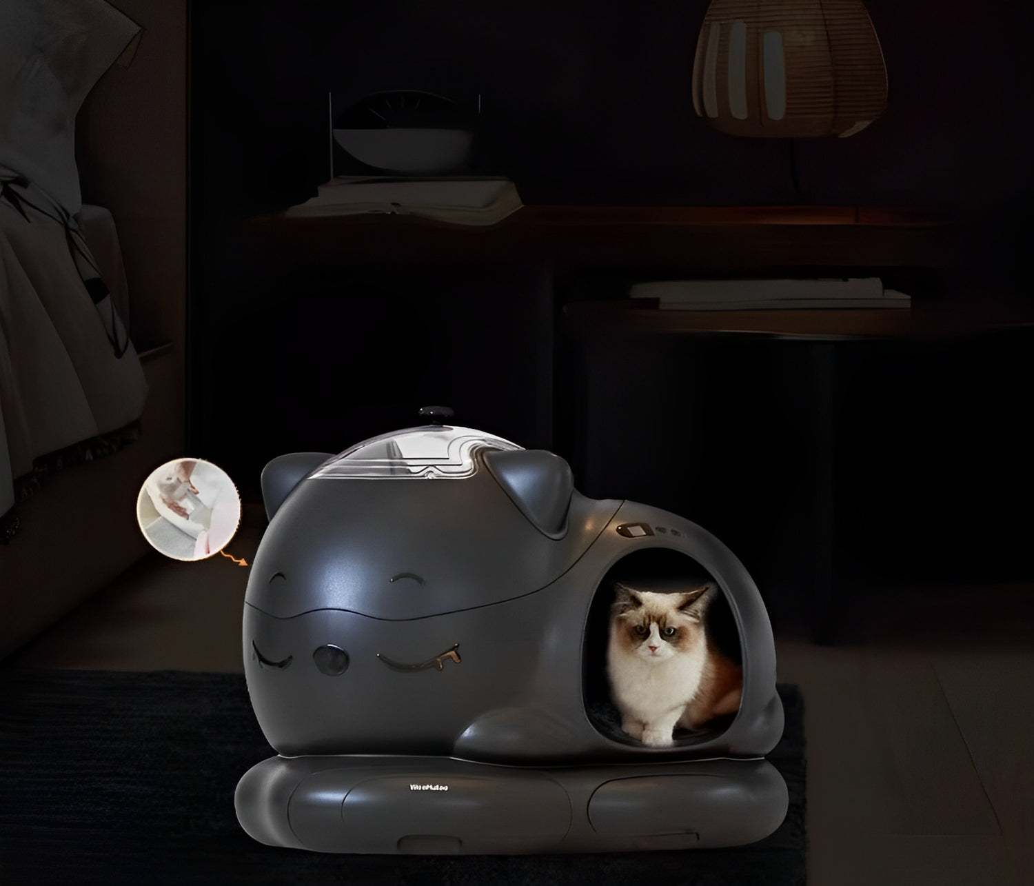 Black Cat-Shaped Automatic Self-Cleaning Litter Box with Cat Ready to Exit – Modern Smart Cat Litter Box for Easy Pet Care and Hygiene