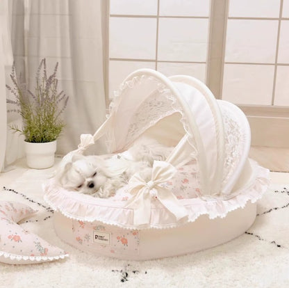 Luxury Princess Dog Bed with Lace Canopy for Small Dogs – Soft Washable Indoor Pet Cradle