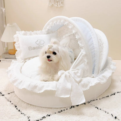 Luxury Princess Dog Bed with Lace Canopy for Small Dogs – Soft Washable Indoor Pet Cradle