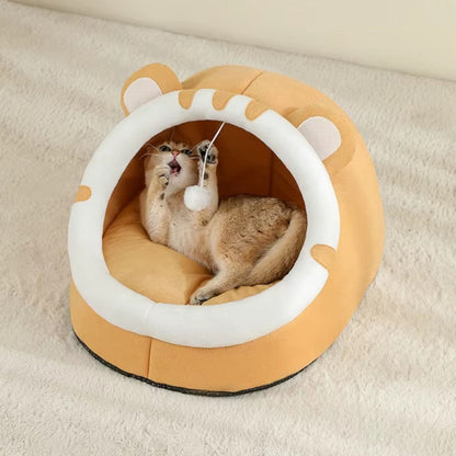 Semi-enclosed plush cat bed cave with soft cushion for cozy sleeping