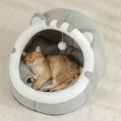 Semi-enclosed plush cat bed cave with soft cushion for cozy sleeping