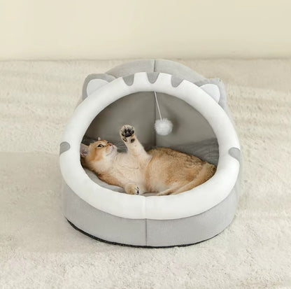 Semi-enclosed plush cat bed cave with soft cushion for cozy sleeping