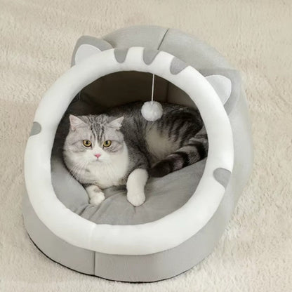 Semi-enclosed plush cat bed cave with soft cushion for cozy sleeping