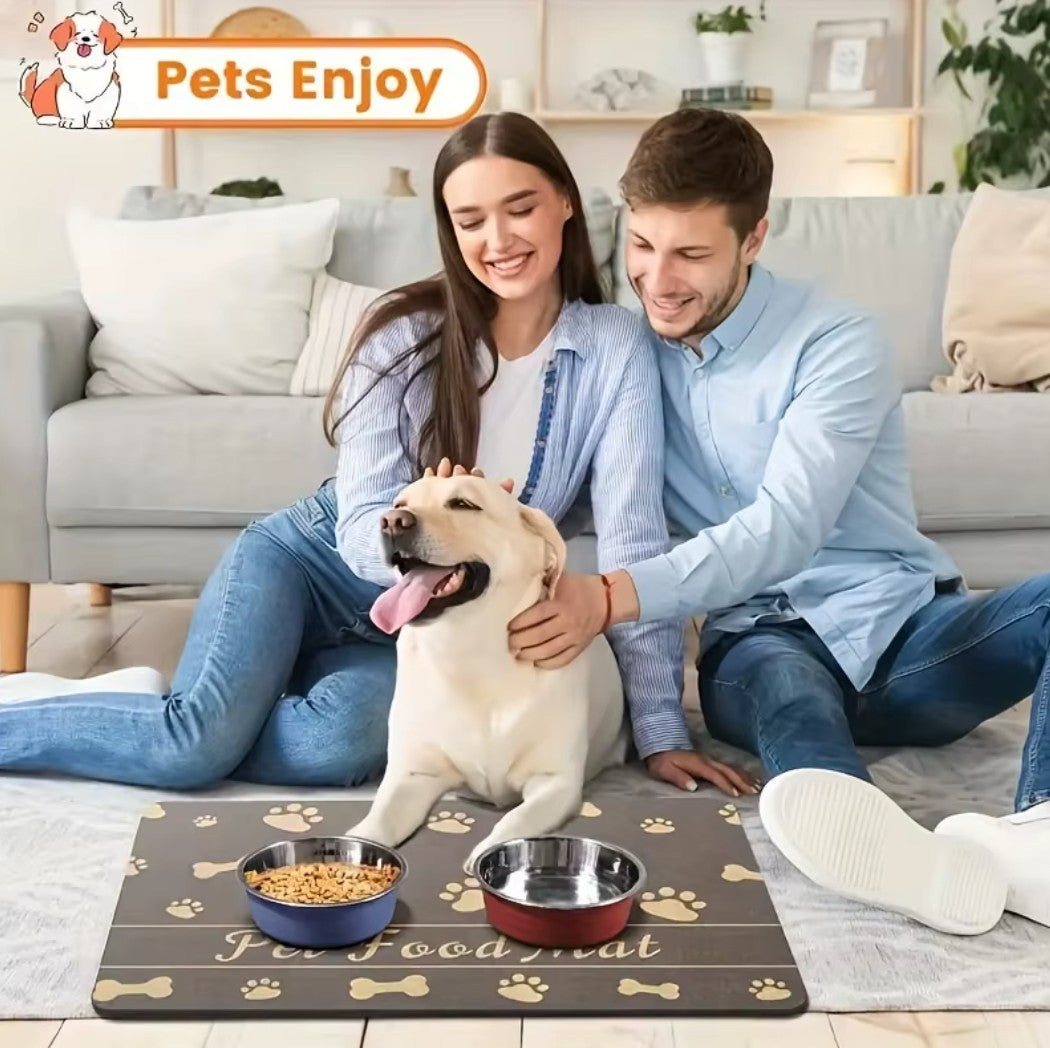 Pet feeding mat with waterproof rubber base and absorbent surface for cats and dogs