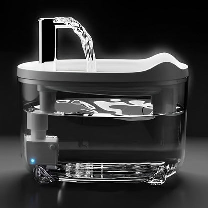 Silent automatic cat water fountain with double filtration and smart flow system for healthy hydration.
