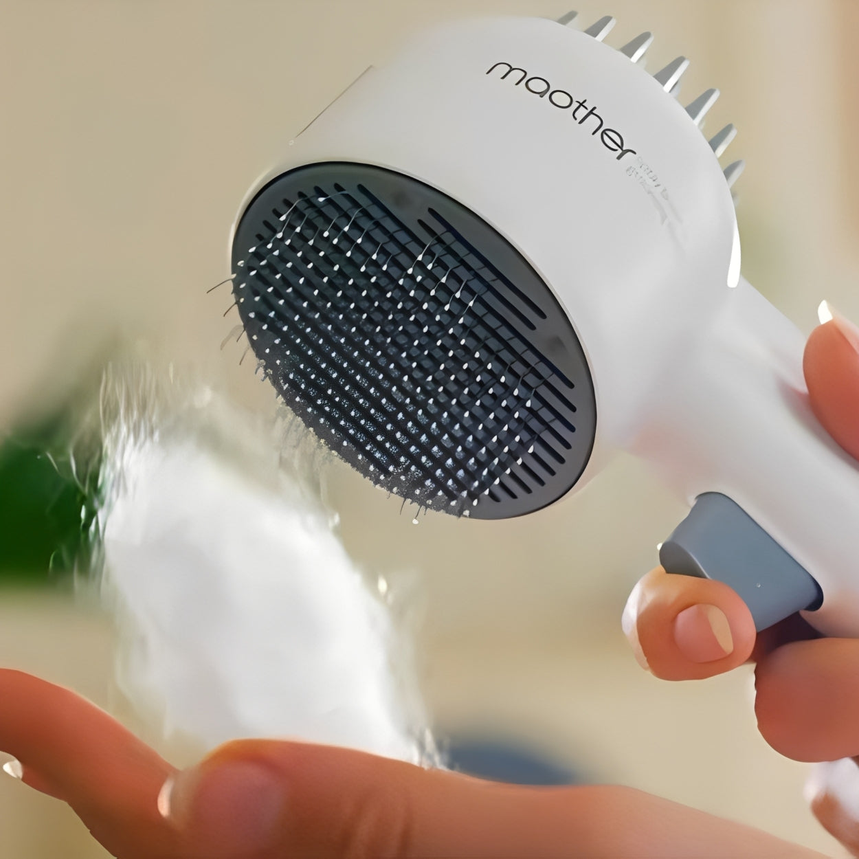 Pet grooming tool spraying fine mist for a soothing grooming experience for cats and dogs.