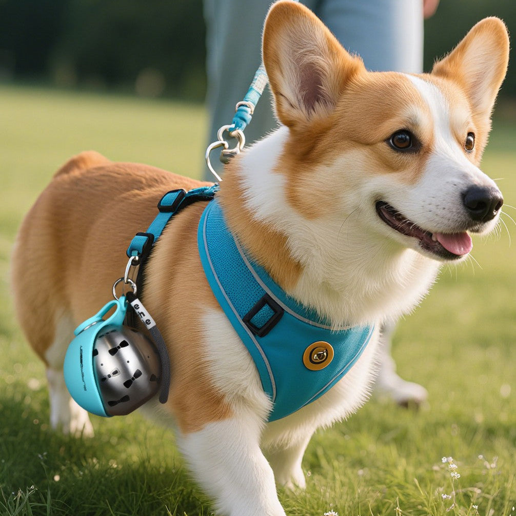 Happy corgi wearing a blue harness and playing with a dog travel water bottle outdoors.